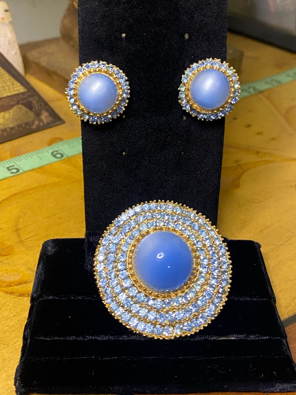 Vintage Gold-Tone Blue Cabochon & Crystal Statement Brooch and Earring Set